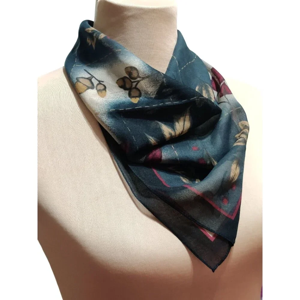 Kathie Lee Womens Scarf Vintage Black Botanical Leaf Print Square Lightweight